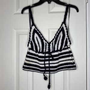 Zara Knit Tank Top M Black White Striped Crochet Sleeveless Tassel Hem Boho